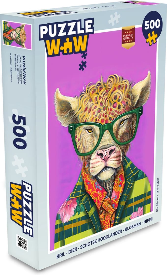 Puzzel Bril - Dier - Schotse hooglander - Bloemen - Hippie - Legpuzzel - Puzzel 500 stukjes