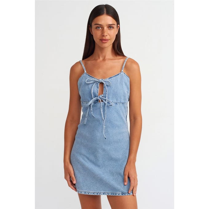 Katoenen Denim Mini A-lijn Jurk met Uitsnijding