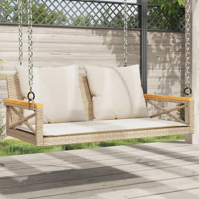 vidaXL - Schommelbank - met - kussens - 109x62x40 - cm - poly - rattan - beige