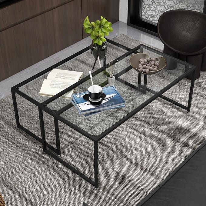 Sweiko Salontafel - Set van 2 - Glazen tafelblad - Stalen frame - Zwart