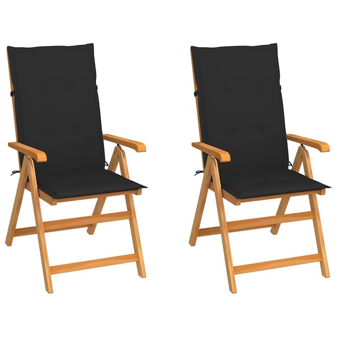 vidaXL - Inklapbare - stoelen - 2 - st - met - zwarte - kussens - massief - teakhout