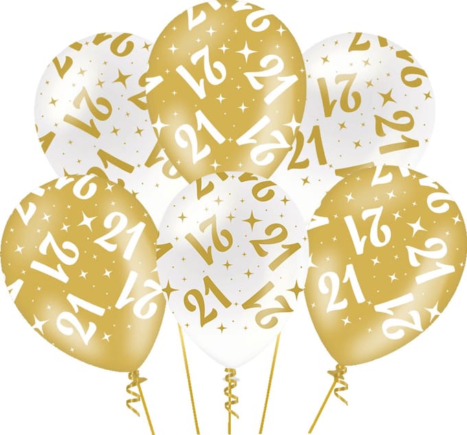 Ballonnen Fancy - 21 jaar - Wit-Goud - 6 stuks