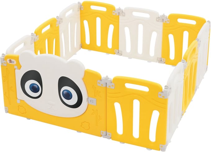 Joyz baby box 120x120 cm opvouwbare kinderbox met panda design, wit/geel kunststof box, slagboom met deur en leerklok, barrièrehek en speelhek met speelplank en matras, veiligheidsspeelhek voor binnen en buiten, kruiphek voor kinderen en baby’s