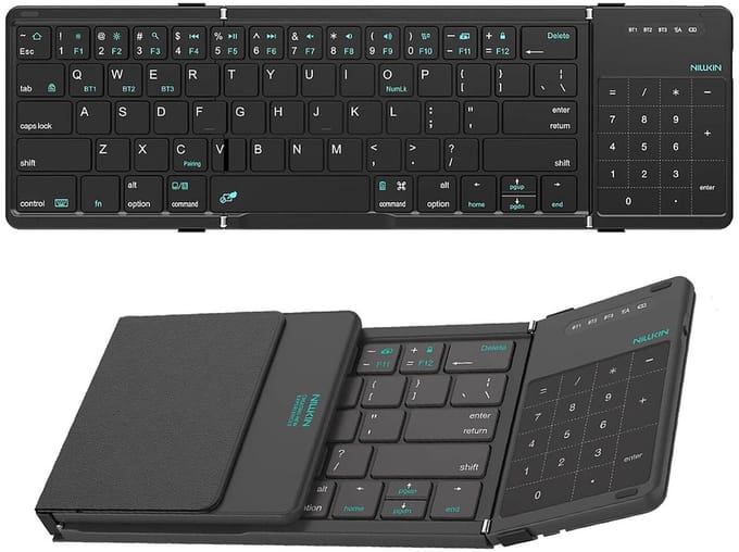 Nillkin Cube Pocket Keyboard - Opvouwbaar Bluetooth Toetsenbord - Touchpad & Numeriek Toetsenblok - 64 Toetsen - Tri-Fold - iOS/Android/macOS/Windows - Licht & Compact - Zwart