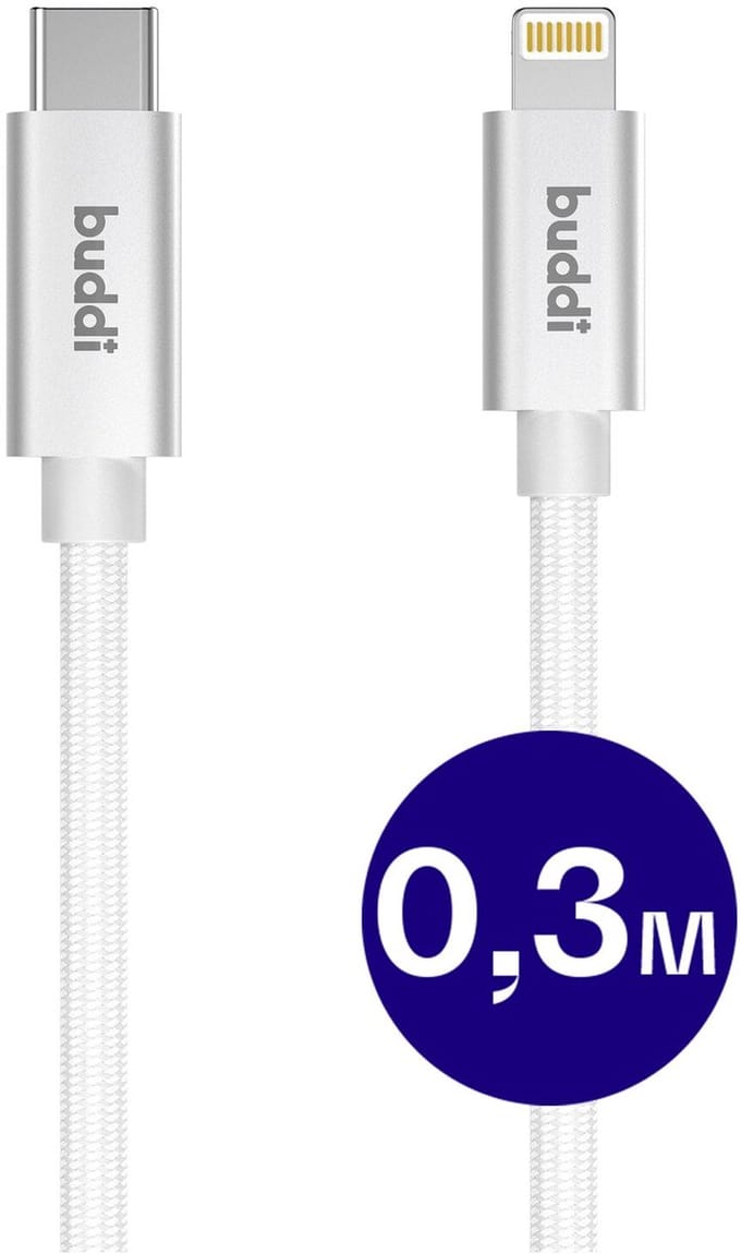 Buddi Flex | USB-C naar Lightning Kabel 20W Fast Charge | Power Delivery | 480Mbps Dataoverdracht | Gevlochten Nylon | 0,3M | Korte kabel | Wit