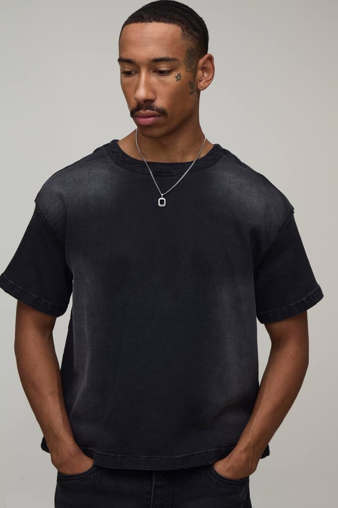 Oversized Boxy Stretch Denim T-Shirt | Washed Black | Size Small