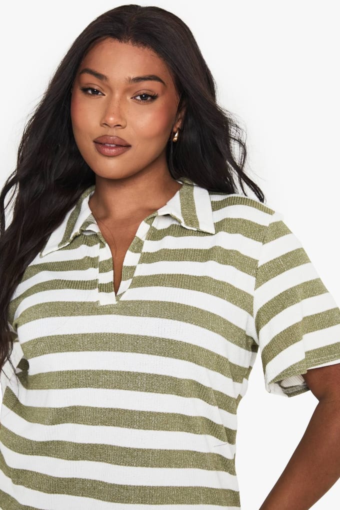 boohoo Dames PLUS V-hals gebreide top met kraag | Kaki | Maat: 46