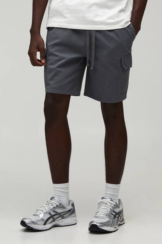 Essentiële Relaxed Fit Elastische Twill Cargo Shorts Met Middellange Lengte | Grey | Size Medium