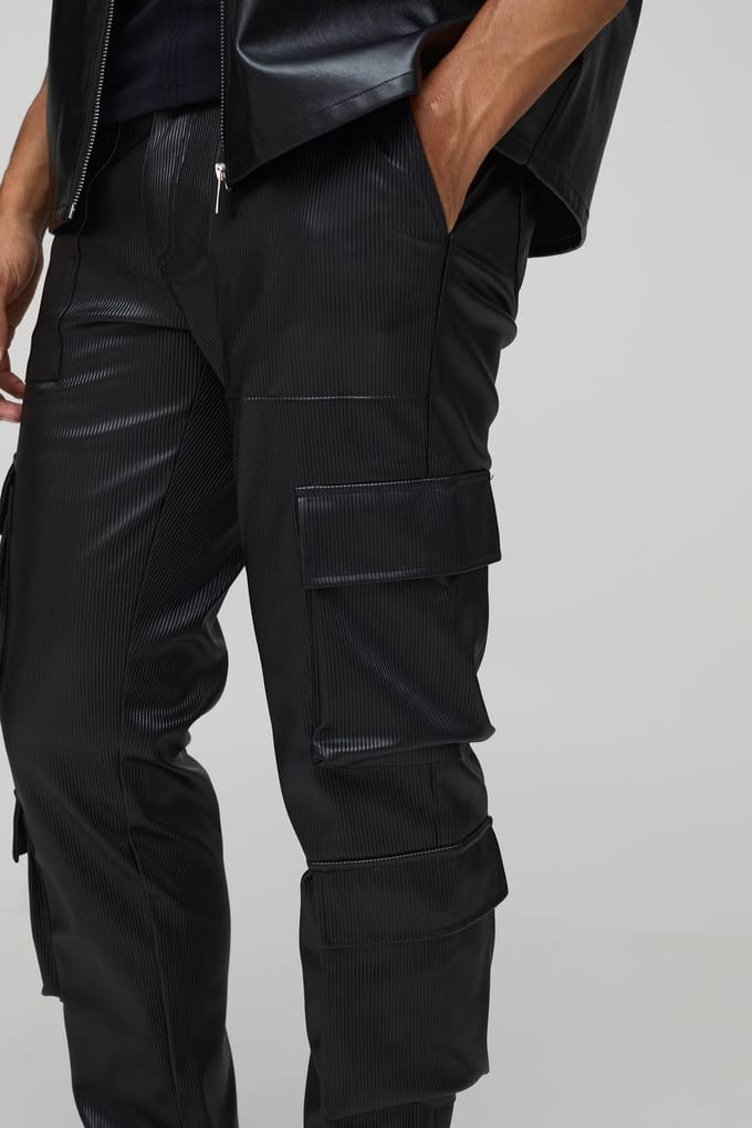Vaste taille geplooide PU skinny cargo-broek | Black | Size 36