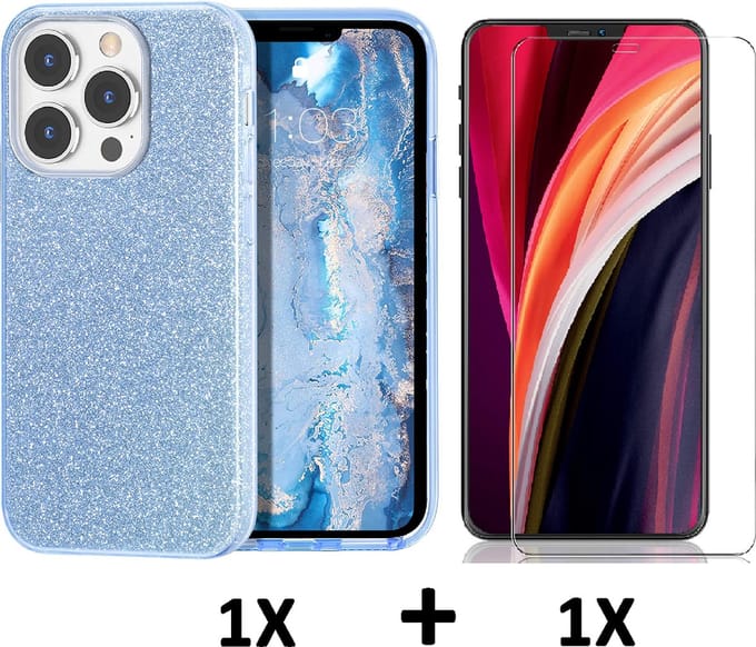 HB Hoesje Geschikt voor Apple iPhone 13 Pro Max - Blauw / Glazen Screenprotector - Glitter Back Cover