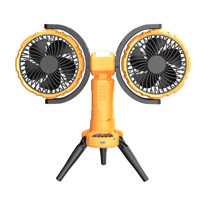 Ventilateur de camping multifonctionnel avec éclairage LED, support de ventilateur de plafond à double tête, angle réglable orange
