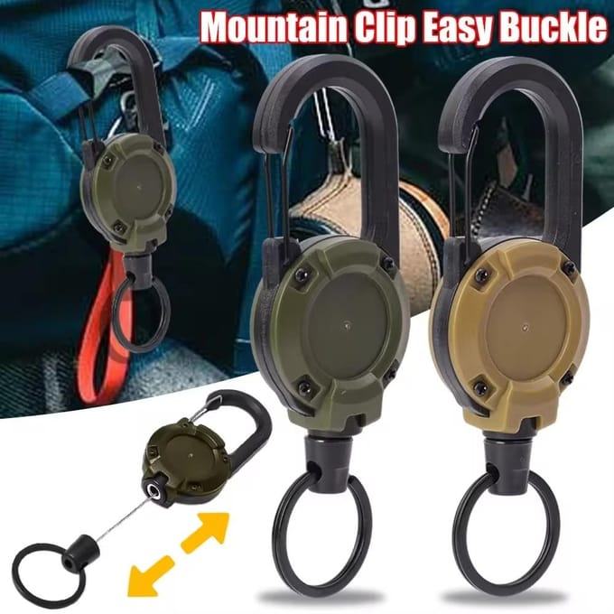 Mousqueton rétractable robuste avec câble en acier solide, boucle à ressort, porte-clés, accessoire sportif d'extérieur noir