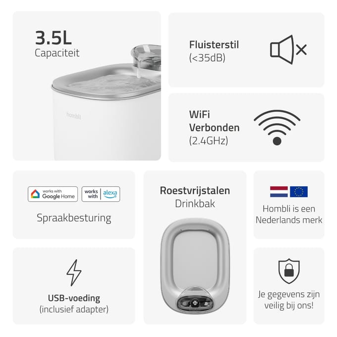 Hombli Smart Pet Fountain - Drinkfontein Kat - 3.5L - Wit