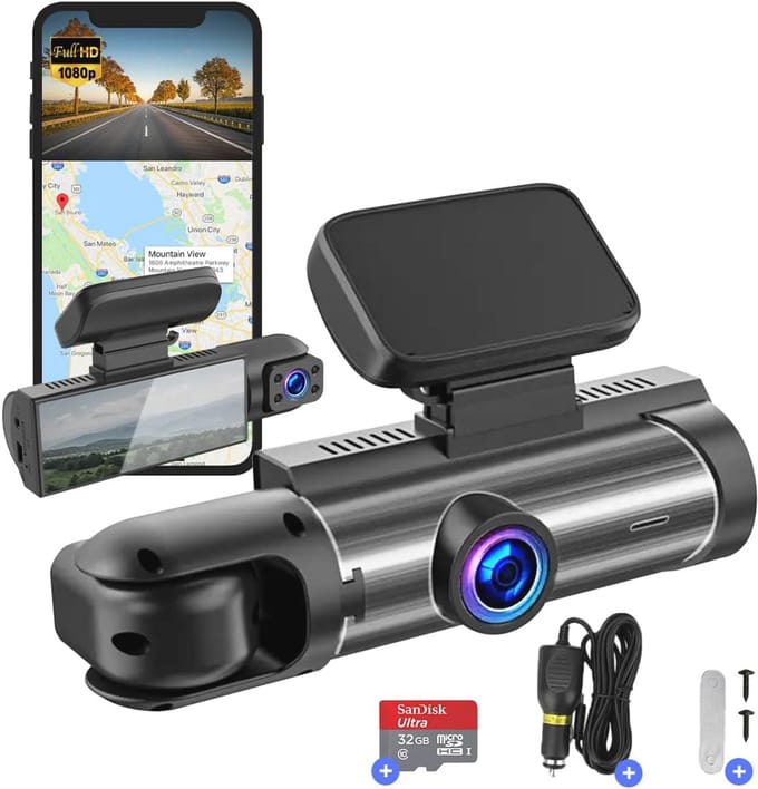 Dashcam voor auto - Dual Lens - WIFI & APP - Full HD - 170° Groothoek - Beweging Detectie & Parkeer Modus - G-Sensor - Loopopname - Micro SD 32GB
