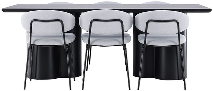 Olivia eethoek tafel 100x210cm en 6 bouclé stoelen zwart.