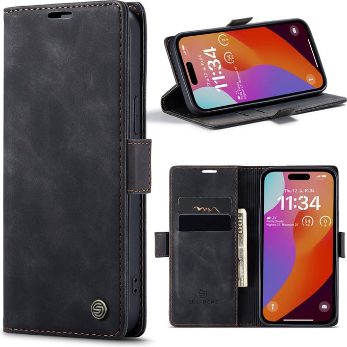 Solidenz Hoesje geschikt voor iPhone 15 Pro Max - Bookcase met pasjeshouder - Kaarthouder telefoonhoesje - Zwart