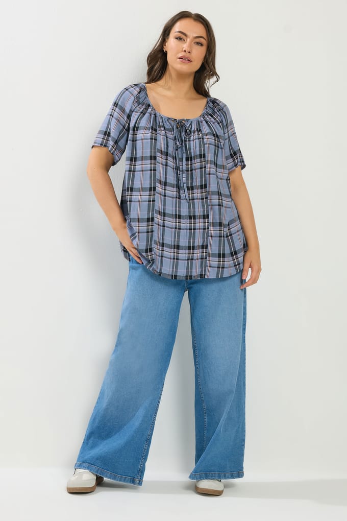 Yours Blauwe Geruite Pintuck Blouse Size 46