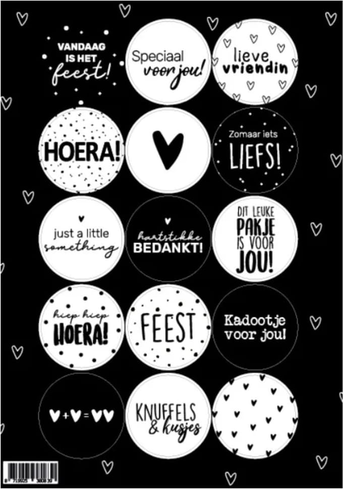 15 luxe Sticker- sluitsticker - Stickervel - A5 - zwart wit - feestje - bedankt - sluitsticker - hoera
