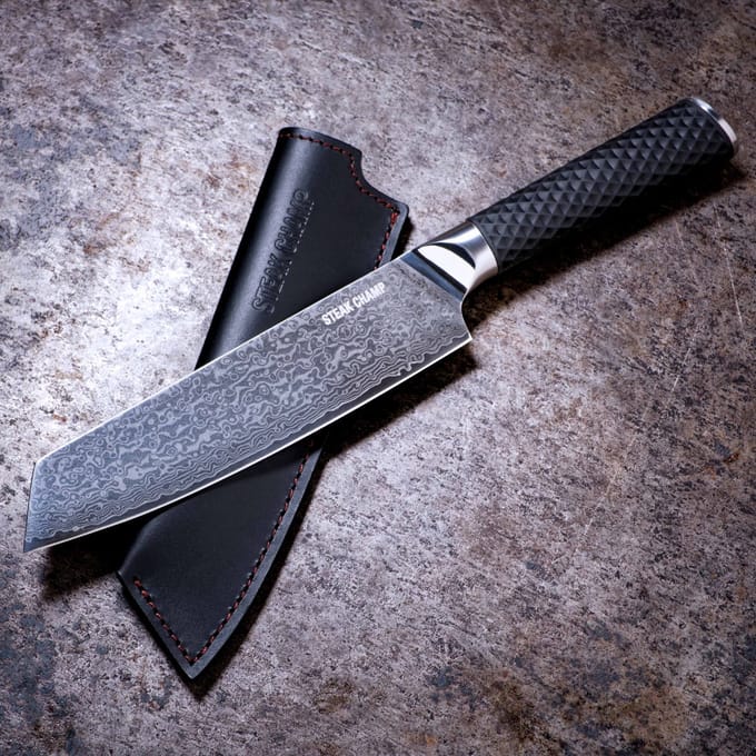 Damascus Koksmes ''Wagyu'' - Met Leren Hoes