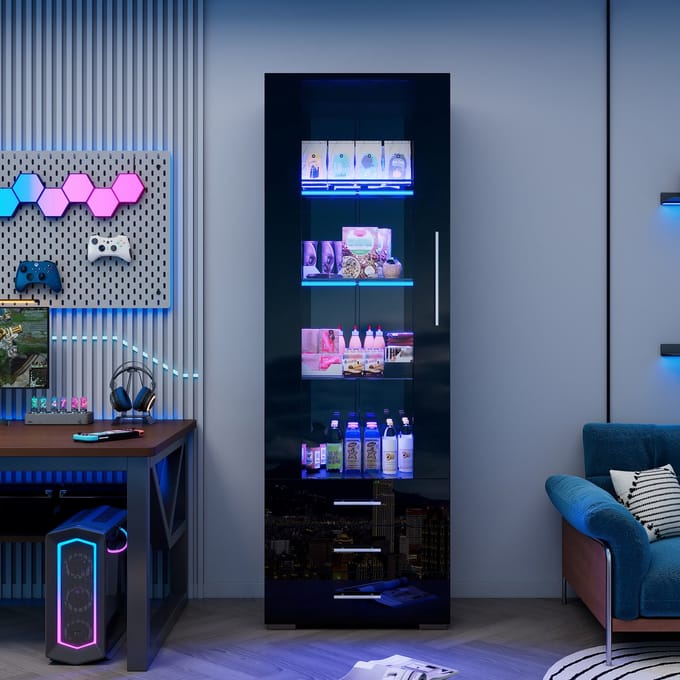 Zwarte hoogglans vitrine - glazen vitrine - verticale vitrine met LED-verlichting - verticale vitrine met 3 laden - 60 x 35 x 180 cm