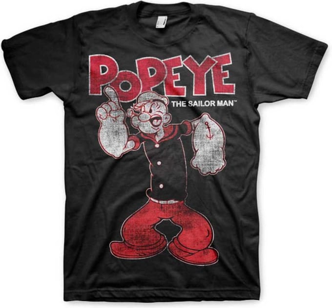 Popeye Heren Tshirt -S- Distressed Sailor Man Zwart