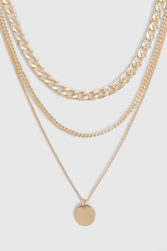 boohoo Dames Polished Disc Drop Charm Multilayer Necklace | Gold