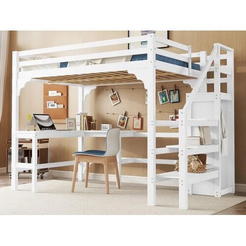 ModernLuxe Houten tussenbed 140x200cm - met bureau, kledingkast en lattenbodem - Wit