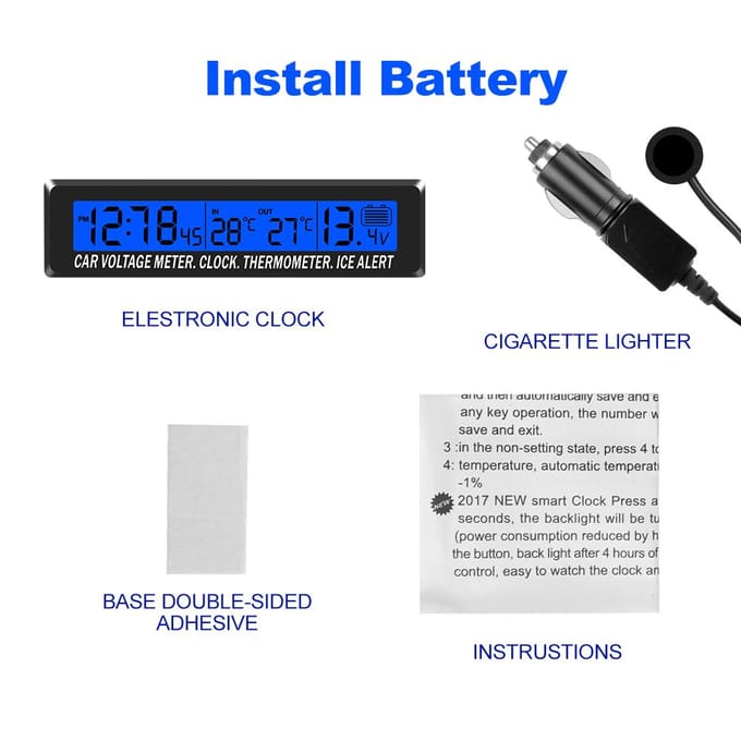 Elektronische autoklok 3 in 1 auto digitale klok temperatuur spanningsmeter weergave binnen buiten temperatuur spanning tijd met socket white
