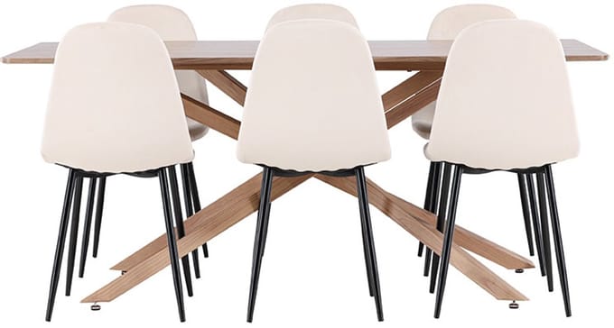 Piazza eethoek tafel 90x180cm en 6 velours stoelen mocca.