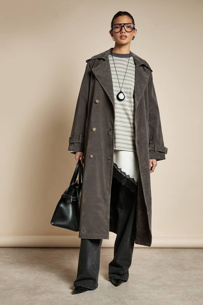boohoo Dames Faux Suede Trenchcoat | Grey | Maat: 10