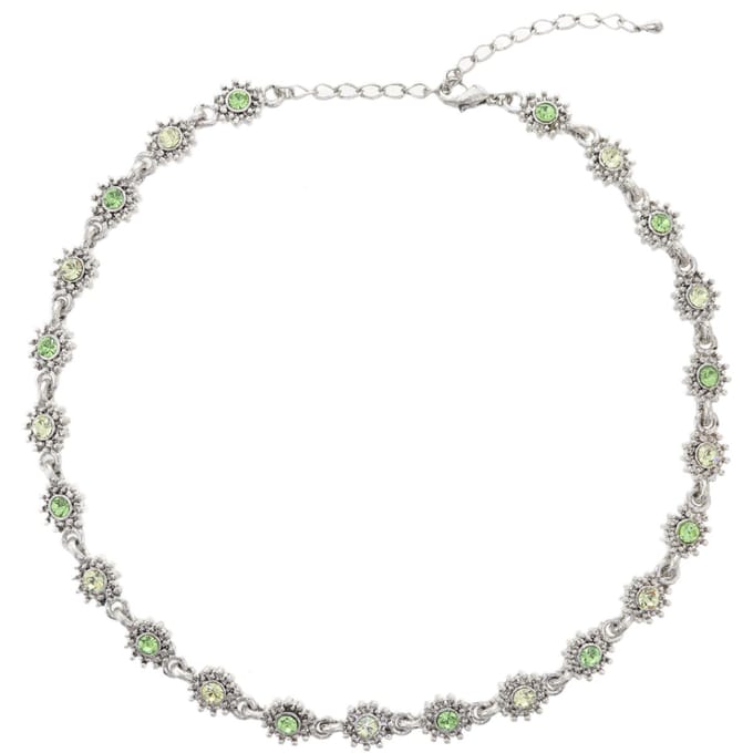 Behave - Zilverkleur ketting met groene bloemen - Vintage romantisch