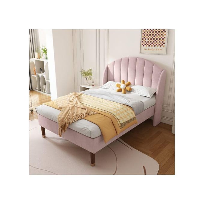 Gestoffeerd bed - MUVOE - 90x200 cm - Roze fluweel - Lattenbodem - 1-persoons roze