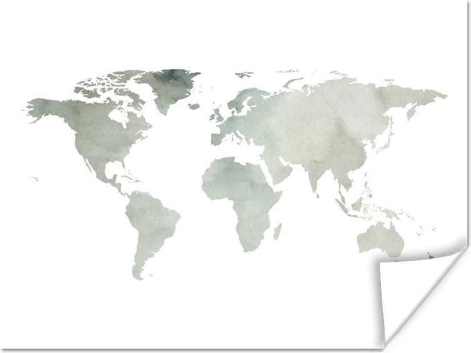Poster - Wereldkaart - Groen - Wit - 40x30 cm
