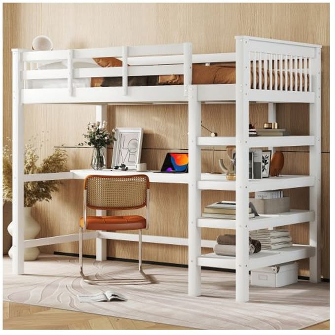 Verhoogd bed - MUVOE - 90 x 200 cm - Geïntegreerd bureau - Opbergvakken - Wit wit