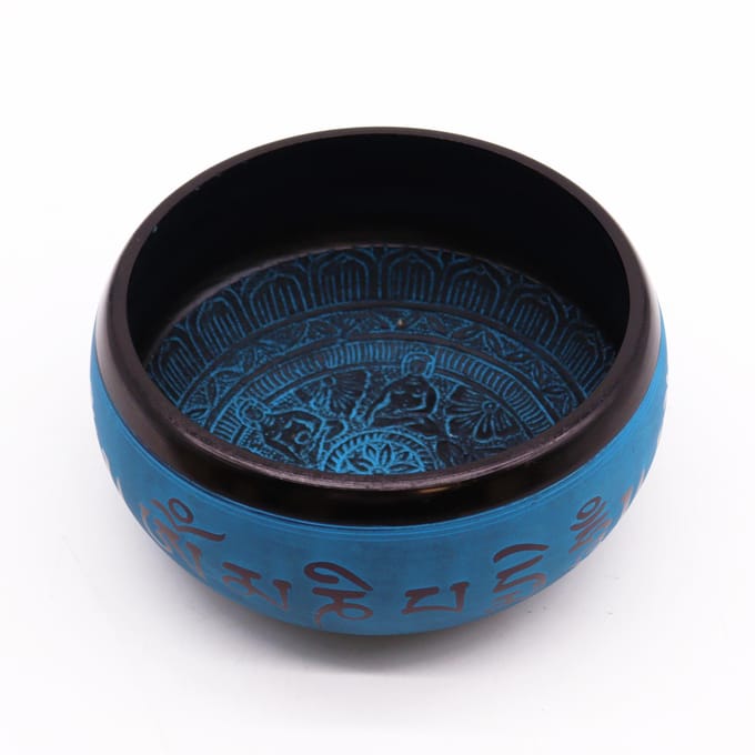 Aardepoeder klankschaal - Blauwe Mantra Vijf Boeddha - 16 cm