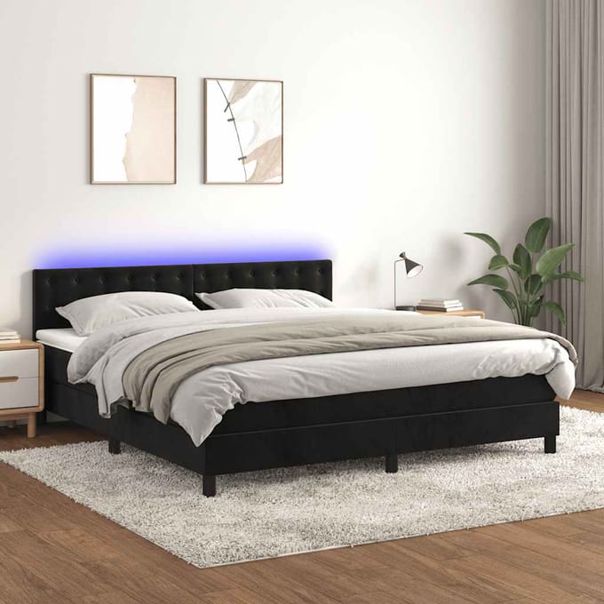 vidaXL - Boxspring - met - matras - en - LED - fluweel - zwart - 180x200 - cm