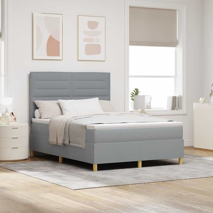 vidaXL - LED - Box - Spring - Bed - met - hoofdeinde - Lichtgrijs - 160 - x - 200 - cm - Stof