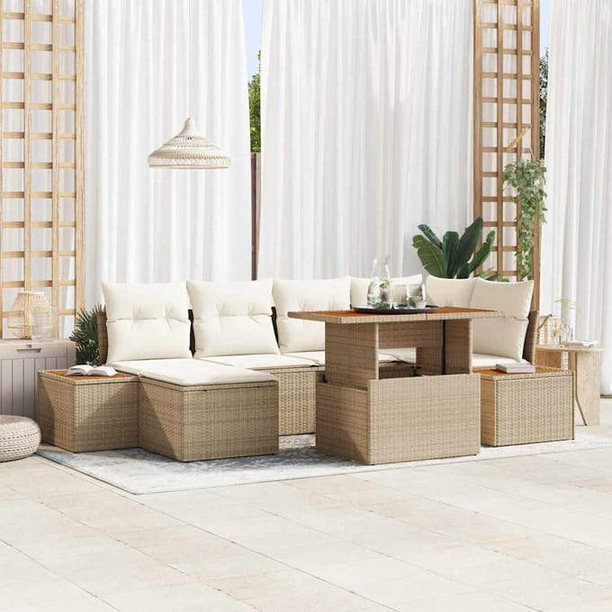 vidaXL - Tuin - Eettafel - Set - met - kussen - 7 - pcs - Beige - en - Crème