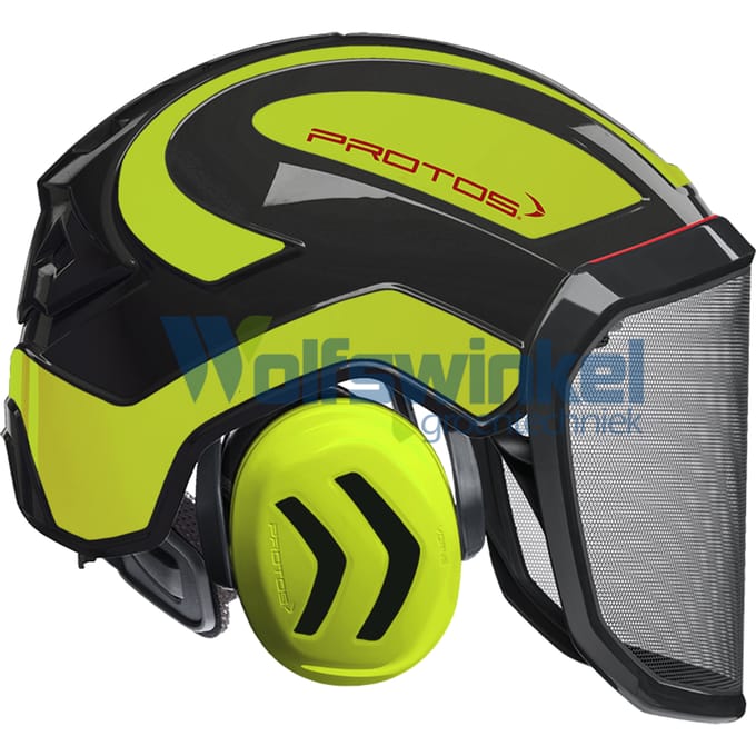 Protos helm vizier & oordop zwart geel