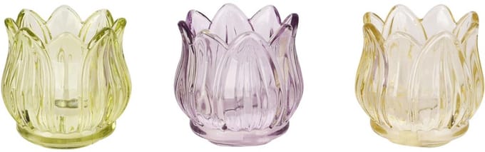 Dekoratief | Theelichthouder tulp, geel/groen/paars, glas, 7x7x8cm, set van 3 stuks | A260658