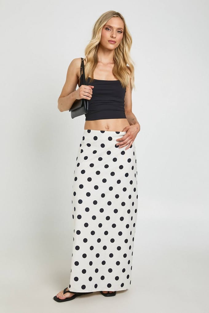 boohoo Dames Petite Polka Linnen-look Lage Taille Maxi Rok | Wit | Maat: 40