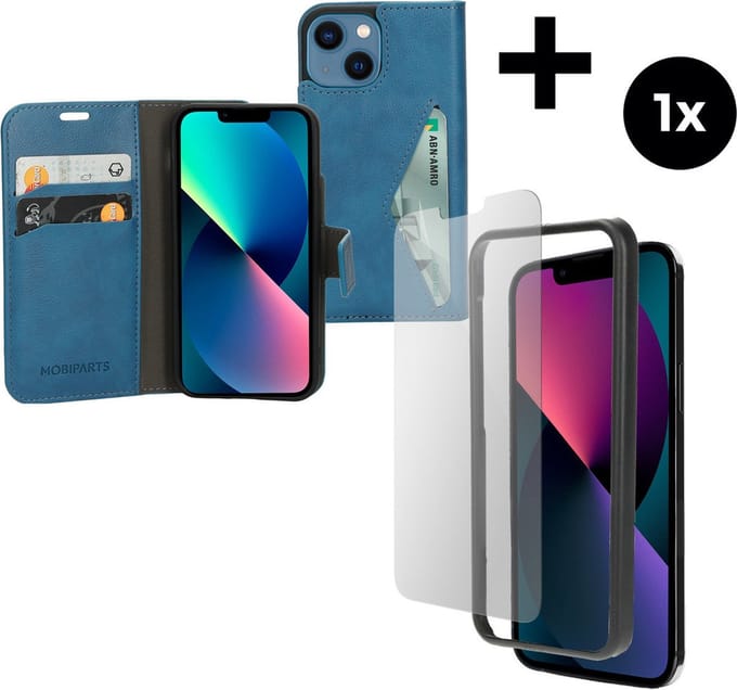 Mobiparts Classic Wallet hoesje geschikt voor Apple iPhone 13 mini met 1 Screenprotector van Gehard Glas - Blauw