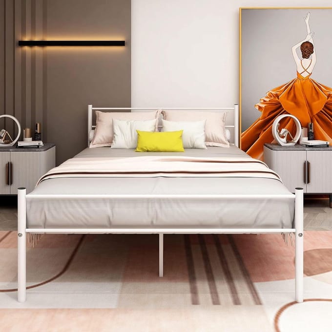 Metalen Bedframe - Platform Bed - Slaapkamer - Zwaar Metalen Constructie - 135x190 cm - Wit