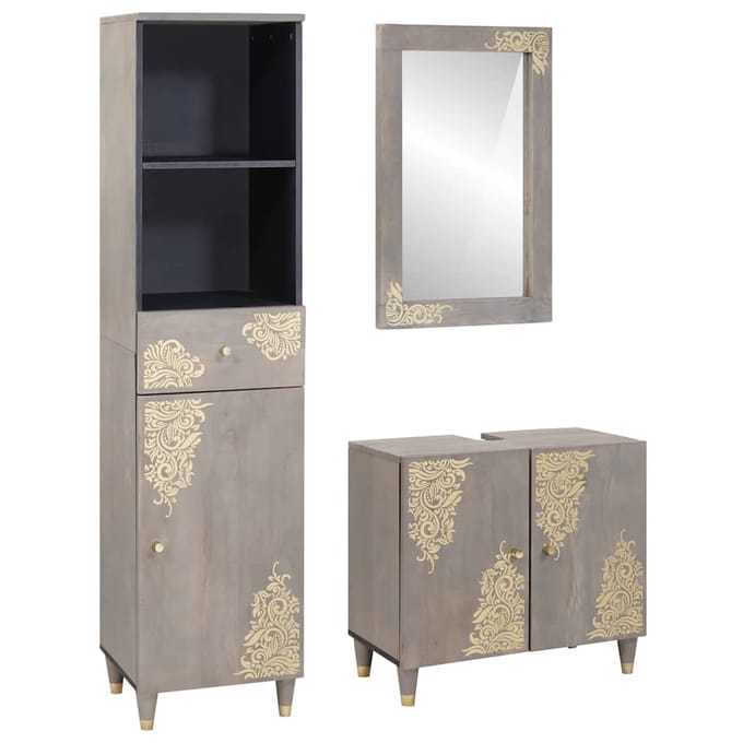 vidaXL - Badkamerkast - set - 3 - st - Grijs - Massief - Mango - Hout