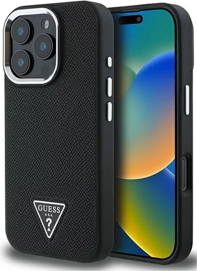 Guess Grained Triangle Case geschikt voor MagSafe geschikt voor iPhone 16 Pro - Zwart