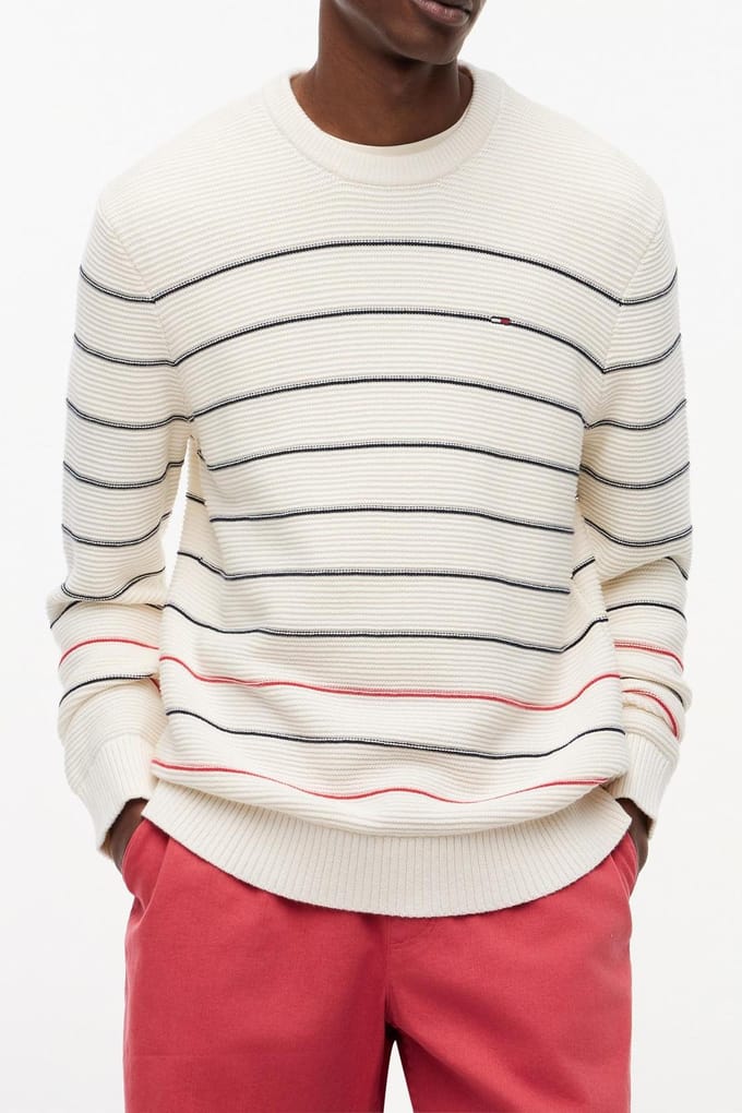 Tommy Hilfiger Slim Stripe Sweater Ancient White Stripe Größe: M | Pullover Outlet | Herren | Weiß