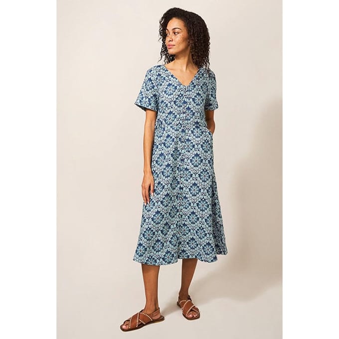 White Stuff Ivy Linen Midi Dress Blue Print Maat: 8 REGULAR | Midi Jurken Outlet | Dames | Blauw