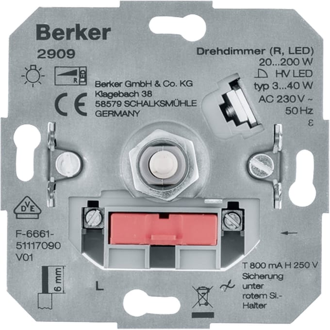 BERKER Dimmer inbouwelement 2909 universeel draai-uit (LED 3-40 W, halogeen 20-200 W)
