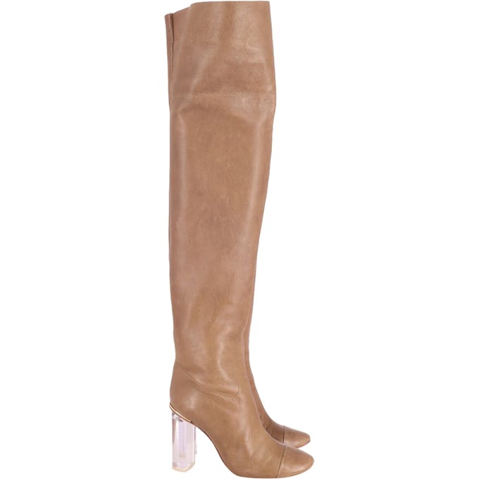 Chloe Clear Heel Over-The-Knee Boots in Tan Leather