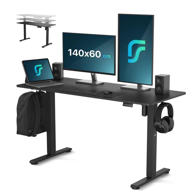 Flowsense Zit Sta Bureau - Verstelbaar Elektrisch Game Bureau - Incl. Headsethouder en Kabelbeheer - 140 x 60 cm - Zwart